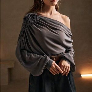 One-Shoulder Rose Detail Blouse - Charcoal Gray